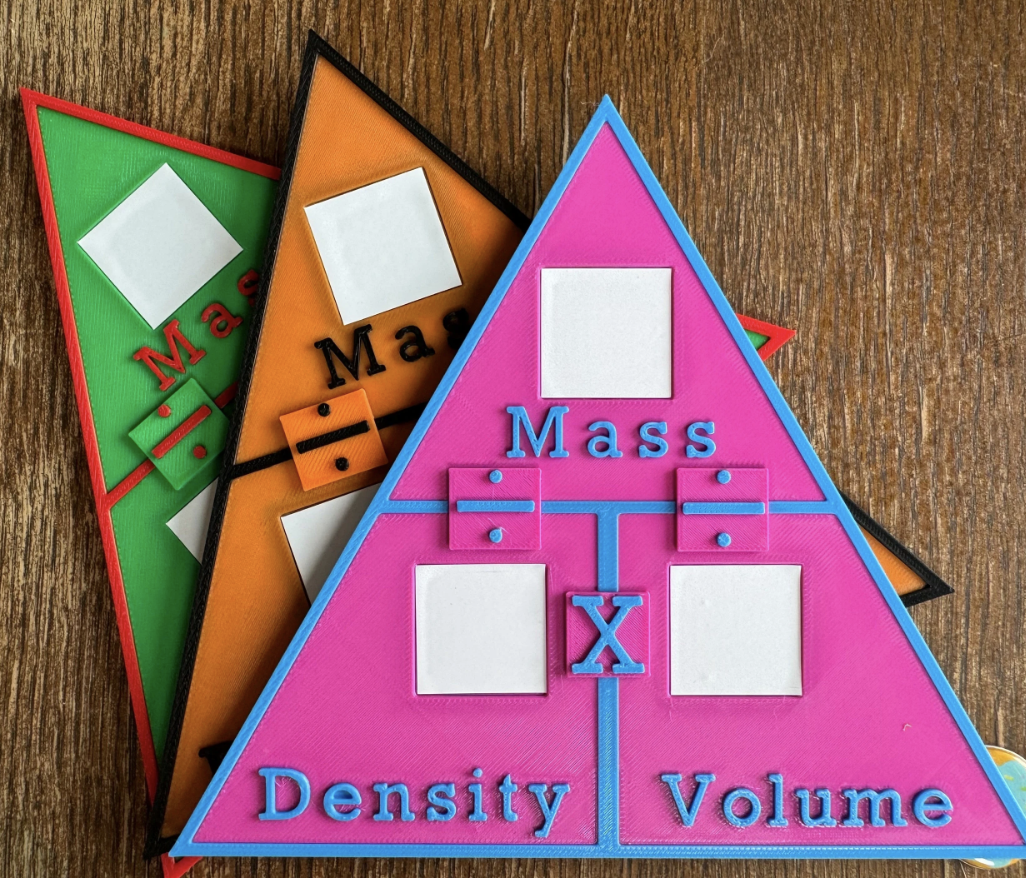 Three density formula triangles in magenta, orange and green showing Mass, Density and Volume with division and multiplication tabs